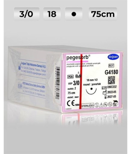 G4180 DOĞSAN Pegesorb 3/0 18 1/2 Yuvarlak (●) 75Cm PGA Emilebilir Sütür 12 Ad./Pkt