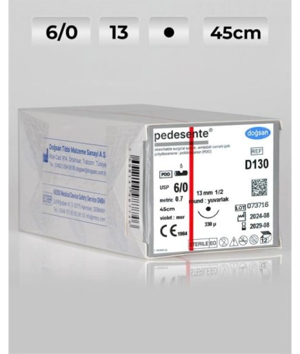 D130 DOĞSAN Pedesente 6/0 13 3/8 Yuvarlak (●),Çift 75Cm PDO Emilebilir Sütür 12 Ad./Pkt