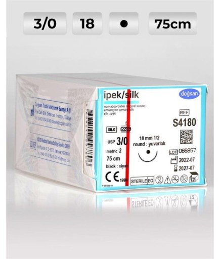 S4180 DOĞSAN İpek 3/0 18 1/2 Yuvarlak (●) 75Cm İpek Emilemeyen Sütür 12 Ad./Pkt