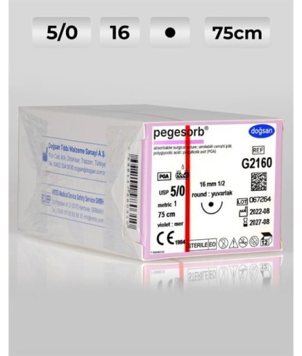 G2160 DOĞSAN Pegesorb 5/0 16 1/2 Yuvarlak (●) 75Cm PGA Emilebilir Sütür 12 Ad./Pkt