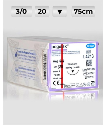 L4213 DOĞSAN Pegelak 3/0 20 3/8 Keskin (▼) 75Cm PGLA Emilebilir Sütür 12 Ad./Pkt