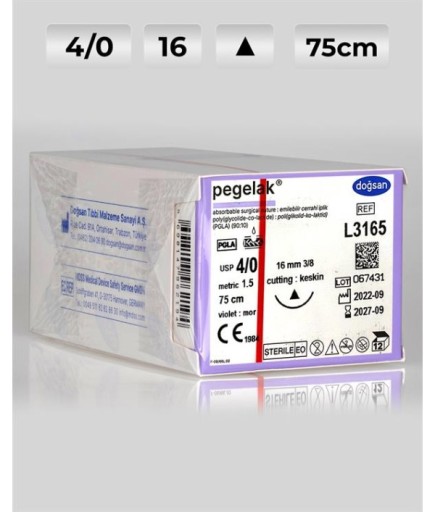 L3165 DOĞSAN Pegelak 4/0 16 3/8 Keskin (Δ) 75Cm PGLA Emilebilir Sütür 12 Ad./Pkt