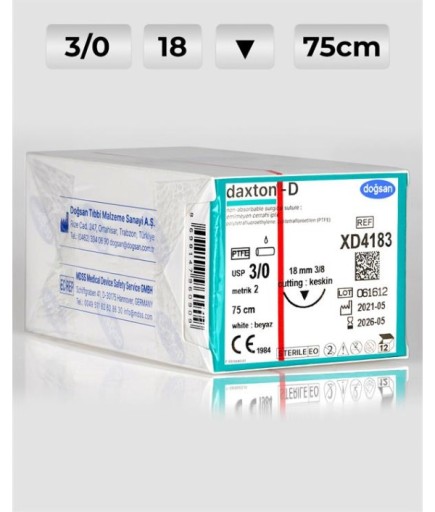 XD4183 DOĞSAN Daxton-D 3/0 18 3/8 Keskin (▼) 75Cm TEFLON Emilemeyen Sütür 12 Ad./Pkt