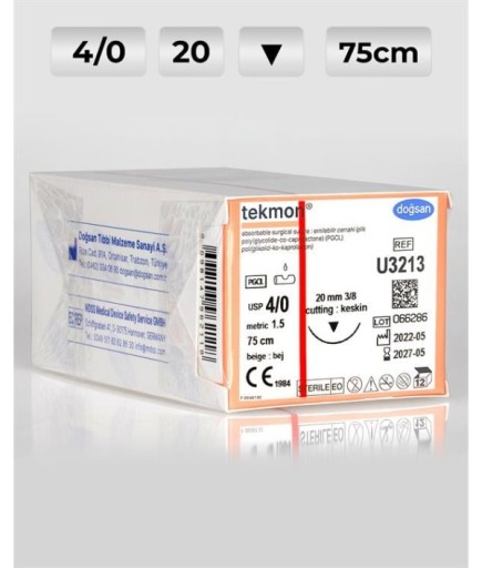 U3213 DOĞSAN Tekmon 4/0 20 3/8 Keskin (▼) 75Cm PGCL Emilebilir Sütür 12 Ad./Pkt