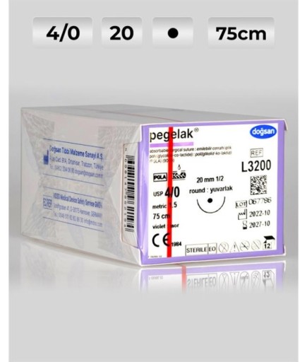 L3200 DOĞSAN Pegelak 4/0 20 1/2 Yuvarlak (●) 75Cm PGLA Emilebilir Sütür 12 Ad./Pkt