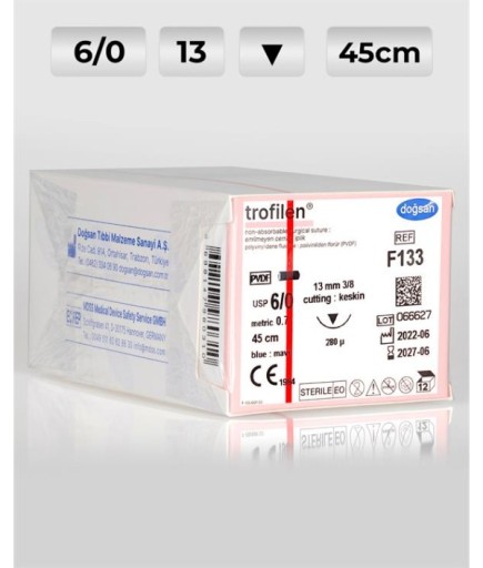 F133 DOĞSAN Trofilen 6/0 13 3/8 Keskin (▼) 45Cm PVDF Emilemeyen Sütür 12 Ad./Pkt