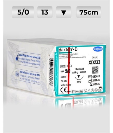 XD233 DOĞSAN Daxton-D 5/0 13 3/8 Keskin (▼) 75Cm TEFLON Emilemeyen Sütür 12 Ad./Pkt