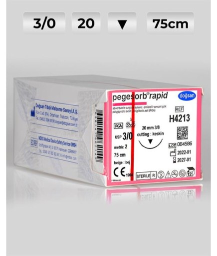 H4213 DOĞSAN Pegesorb Rapid 3/0 20 3/8 Keskin (▼) 75Cm PGLA Emilebilir Sütür 12 Ad./Pkt