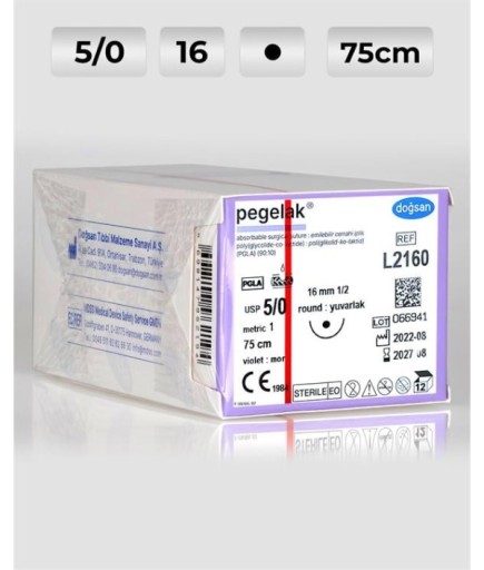 L2160 DOĞSAN Pegelak 5/0 16 1/2 Yuvarlak (●) 75Cm PGLA Emilebilir Sütür 12 Ad./Pkt