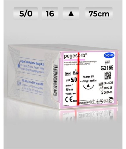 G2165 DOĞSAN Pegesorb 5/0 16 3/8 Keskin (Δ) 75Cm PGA Emilebilir Sütür 12 Ad./Pkt