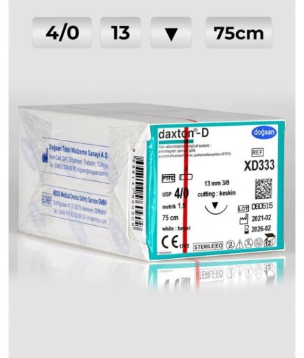XD333 DOĞSAN Daxton-D 4/0 13 3/8 Keskin (▼) 75Cm TEFLON Emilemeyen Sütür 12 Ad./Pkt