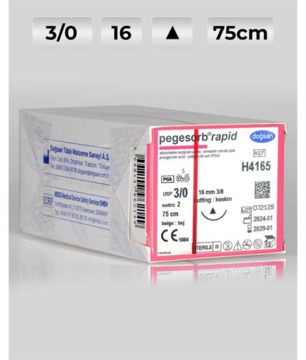H4165 DOĞSAN Pegesorb Rapid 3/0 16 3/8 Keskin (Δ) 75Cm PGLA Emilebilir Sütür 12 Ad./Pkt