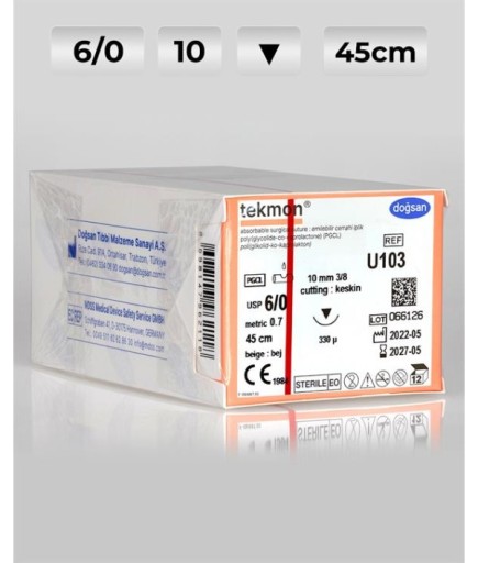 U103 DOĞSAN Tekmon 6/0 10 3/8 Keskin (▼) 45Cm PGCL Emilebilir Sütür 12 Ad./Pkt