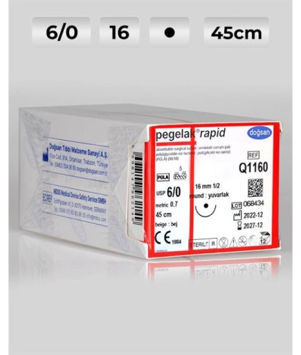 Q1160 DOĞSAN Pegelak Rapid 6/0 16 1/2 Yuvarlak (●) 45Cm PGLA Emilebilir Sütür 12 Ad./Pkt