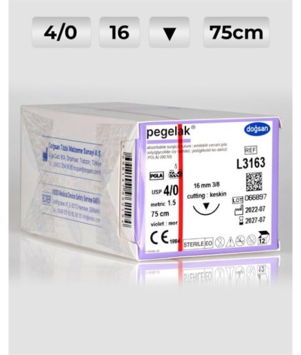 L3163 DOĞSAN Pegelak 4/0 16 3/8 Keskin (▼) 75Cm PGLA Emilebilir Sütür 12 Ad./Pkt