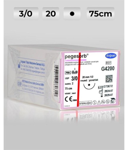 G4200 DOĞSAN Pegesorb 3/0 20 1/2 Yuvarlak (●) 75Cm PGA Emilebilir Sütür 12 Ad./Pkt