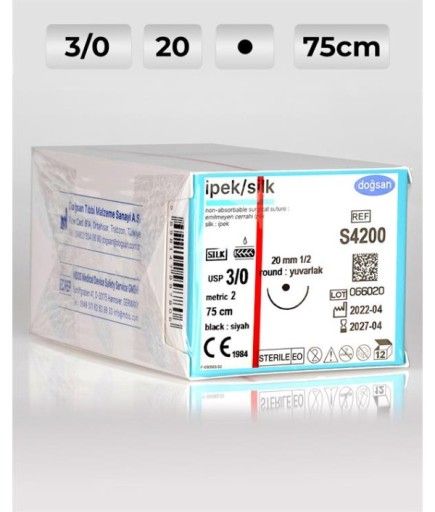 S4200 DOĞSAN İpek 3/0 20 1/2 Yuvarlak (●) 75Cm İpek Emilemeyen Sütür 12 Ad./Pkt