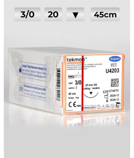 U4203 DOĞSAN Tekmon 3/0 20 3/8 Keskin (▼) 45Cm PGCL Emilebilir Sütür 12 Ad./Pkt