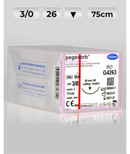 G4263 DOĞSAN Pegesorb 3/0 26 3/8 Keskin (▼) 75Cm PGA Emilebilir Sütür 12 Ad./Pkt