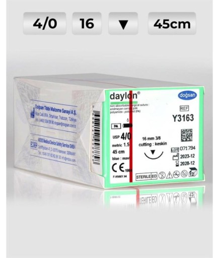 Y3163 DOĞSAN Daylon 4/0 16 3/8 Keskin (▼) 45Cm Polyamid Emilemeyen Sütür 12 Ad./Pkt