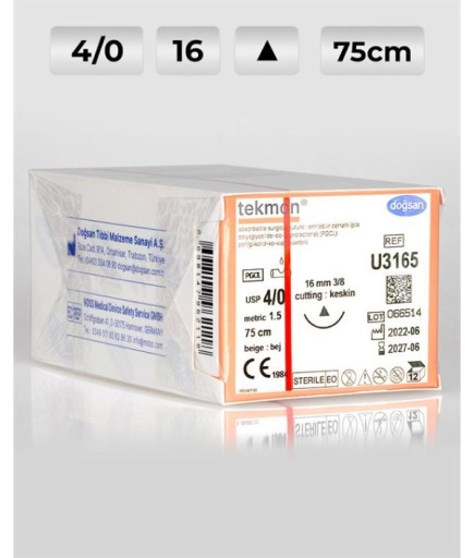 U3165 DOĞSAN Tekmon 4/0 16 3/8 Keskin (Δ) 75Cm PGCL Emilebilir Sütür 12 Ad./Pkt