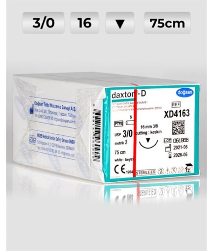 XD4163 DOĞSAN Daxton-D 3/0 16 3/8 Keskin (▼) 75Cm TEFLON Emilemeyen Sütür 12 Ad./Pkt