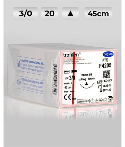 F4205 DOĞSAN Trofilen 3/0 20 3/8 Keskin (Δ) 45Cm PVDF Emilemeyen Sütür 12 Ad./Pkt
