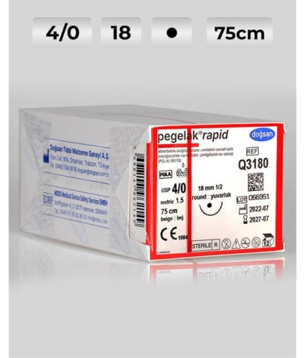 Q3180 DOĞSAN Pegelak Rapid 4/0 18 1/2 Yuvarlak (●) 75Cm PGLA Emilebilir Sütür 12 Ad./Pkt