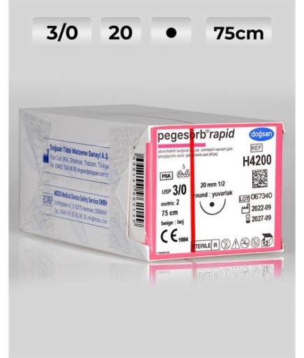 H4200 DOĞSAN Pegesorb Rapid 3/0 20 1/2 Yuvarlak (●) 75Cm PGLA Emilebilir Sütür 12 Ad./Pkt