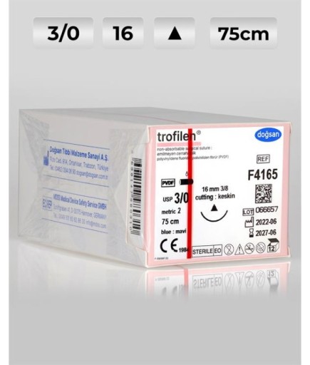 F4165 DOĞSAN Trofilen 3/0 16 3/8 Keskin (Δ) 75Cm PVDF Emilemeyen Sütür 12 Ad./Pkt