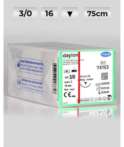 Y4163 DOĞSAN Daylon 3/0 16 3/8 Keskin (▼) 75Cm Polyamid Emilemeyen Sütür 12 Ad./Pkt