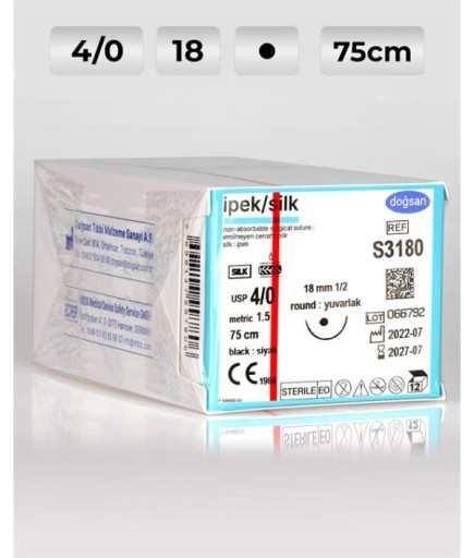 S3180 DOĞSAN İpek 4/0 18 1/2 Yuvarlak (●) 75Cm İpek Emilemeyen Sütür 12 Ad./Pkt