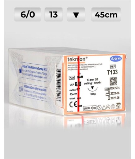 T133 DOĞSAN Tekmon 6/0 13 3/8 Keskin (▼) 45Cm PGCL Emilebilir Sütür 12 Ad./Pkt