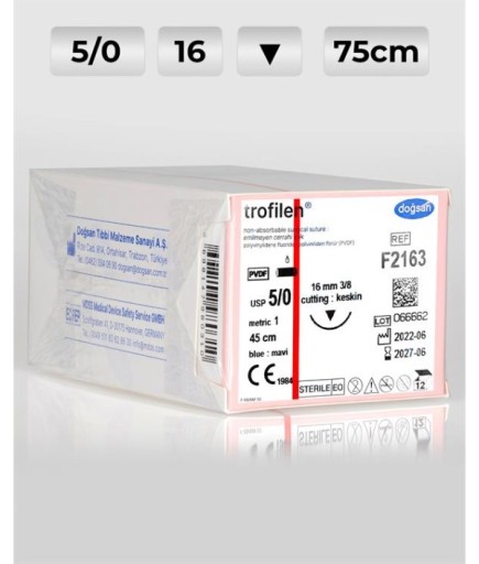 F2163 DOĞSAN Trofilen 5/0 16 3/8 Keskin (▼) 45Cm PVDF Emilemeyen Sütür 12 Ad./Pkt