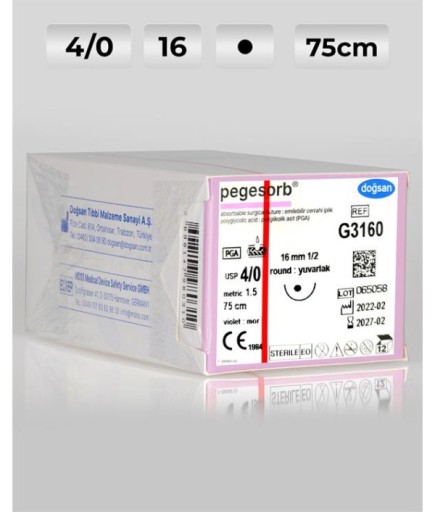 G3160 DOĞSAN Pegesorb 4/0 16 1/2 Yuvarlak (●) 75Cm PGA Emilebilir Sütür 12 Ad./Pkt
