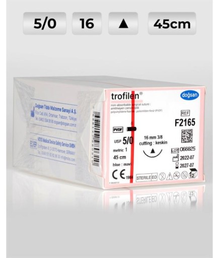 F2165 DOĞSAN Trofilen 5/0 16 3/8 Keskin (Δ) 45Cm PVDF Emilemeyen Sütür 12 Ad./Pkt