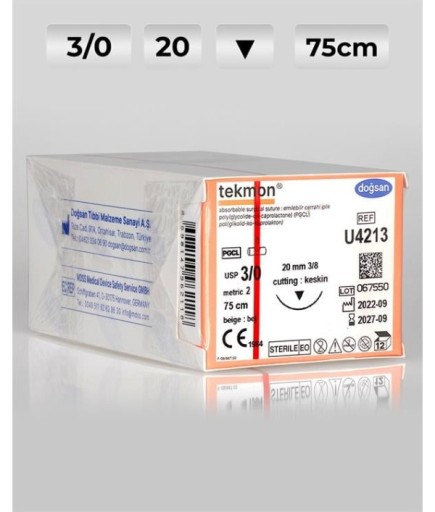 U4213 DOĞSAN Tekmon 3/0 20 3/8 Keskin (▼) 75Cm PGCL Emilebilir Sütür 12 Ad./Pkt