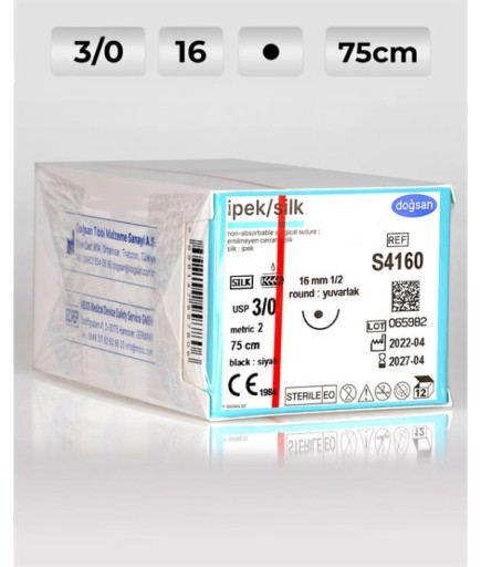 S4160 DOĞSAN İpek 3/0 16 1/2 Yuvarlak (●) 75Cm İpek Emilemeyen Sütür 12 Ad./Pkt