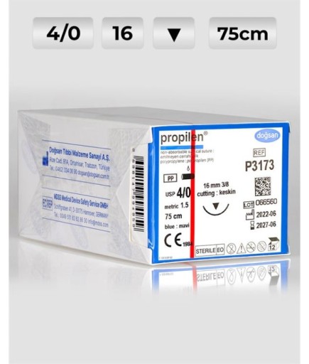 P3173 DOĞSAN Propilen 4/0 16 3/8 Keskin (▼) 75Cm Polipropilen Emilemeyen Sütür 12 Ad./Pkt