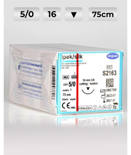 S2163 DOĞSAN İpek 5/0 16 3/8 Keskin (▼) 75Cm İpek Emilemeyen Sütür 12 Ad./Pkt