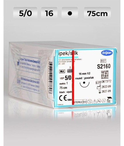 S2160 DOĞSAN İpek 5/0 16 1/2 Yuvarlak (●) 75Cm İpek Emilemeyen Sütür 12 Ad./Pkt