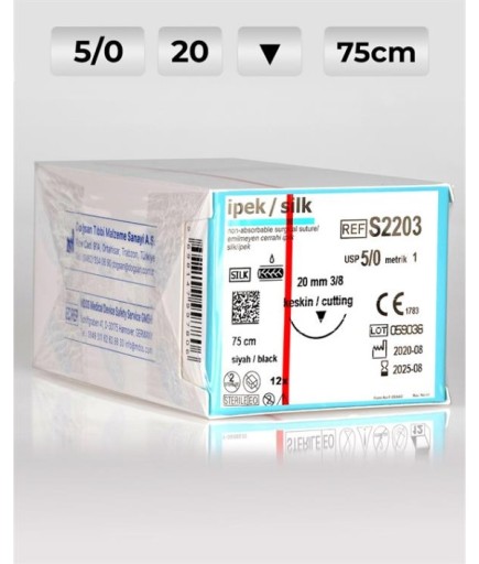 S2203 DOĞSAN İpek 5/0 20 3/8 Keskin (▼) 75Cm İpek Emilemeyen Sütür 12 Ad./Pkt