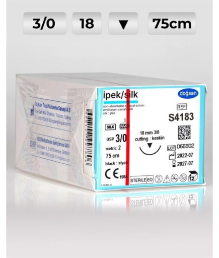 S4183 DOĞSAN İpek 3/0 18 3/8 Keskin (▼) 75Cm İpek Emilemeyen Sütür 12 Ad./Pkt