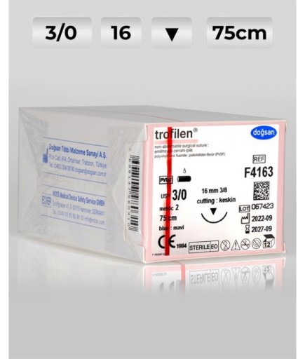 F4163 DOĞSAN Trofilen 3/0 16 3/8 Keskin (▼) 75Cm PVDF Emilemeyen Sütür 12 Ad./Pkt
