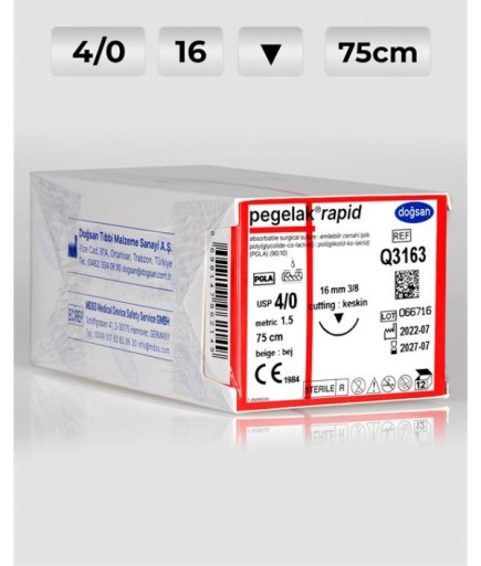 Q3163 DOĞSAN Pegelak Rapid 4/0 16 3/8 Keskin (▼) 75Cm PGLA Emilebilir Sütür 12 Ad./Pkt