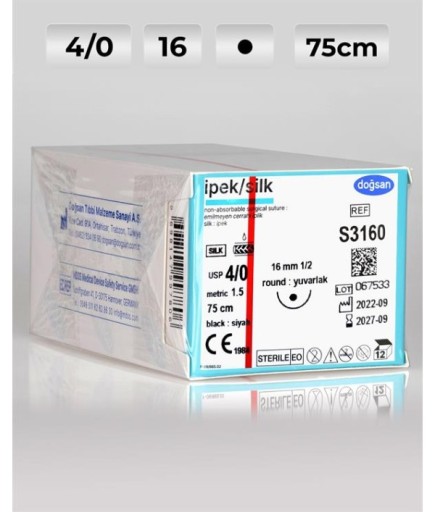 S3160 DOĞSAN İpek 4/0 16 1/2 Yuvarlak (●) 75Cm İpek Emilemeyen Sütür 12 Ad./Pkt