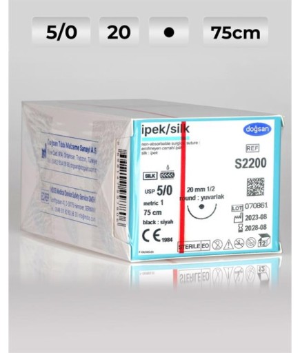 S2200 DOĞSAN İpek 5/0 20 1/2 Yuvarlak (●) 75Cm İpek Emilemeyen Sütür 12 Ad./Pkt