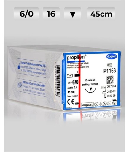 P1163 DOĞSAN Propilen 6/0 16 3/8 Keskin (▼) 45Cm Polipropilen Emilemeyen Sütür 12 Ad./Pkt