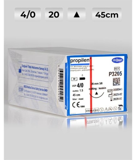 P3205 DOĞSAN Propilen 4/0 20 3/8 Keskin (Δ) 45Cm Polipropilen Emilemeyen Sütür 12 Ad./Pkt