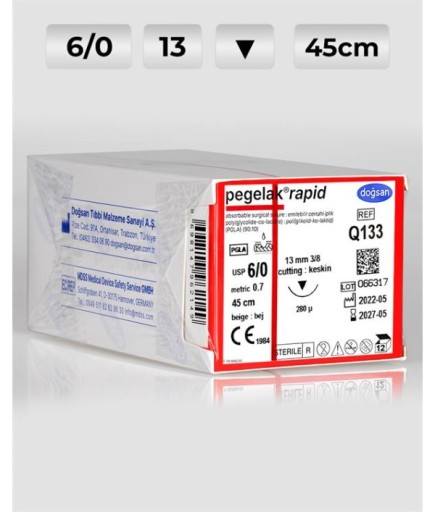 Q133 DOĞSAN Pegelak Rapid 6/0 13 3/8 Keskin (▼) 45Cm PGLA Emilebilir Sütür 12 Ad./Pkt